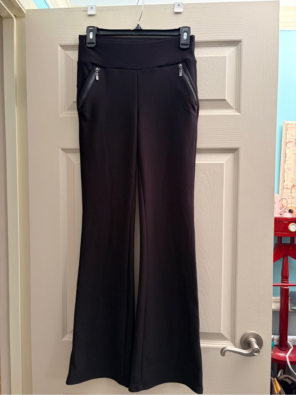shosho Black Flare Ponte Pants with Zip Pockets